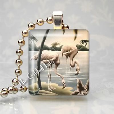 VINTAGE TURNER FLAMINGO PRINT Scrabble Tile Altered Art Pendant 