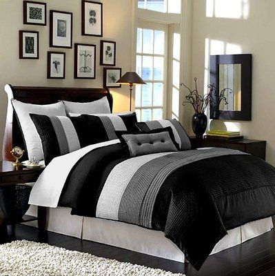 Chezmoi Collection 8pcs Black White Grey Stripe Duvet Cover Set Queen 