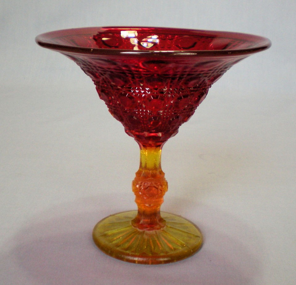 Vtg Amberina Heavy Pressed Glass Button Cane 6 inch Compote Unknown 