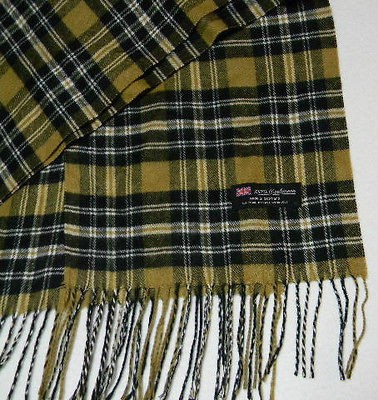 NEW   MADE in SCOTTLAND 100% CASHMERE Tartan Checked Black/Gold SCARF