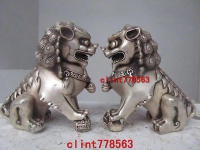 China classical Silver Palace Guardian Evil Door Foo Dog Fu Lion kylin 