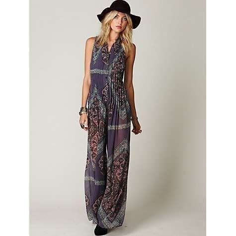 Free People New Sz 0 Stillwater Wideleg Jumpsuit Purple Tribal Print 