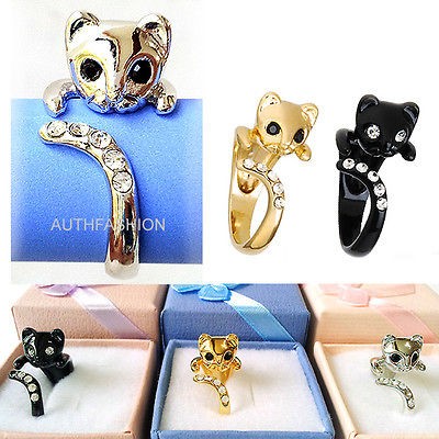 Animal Cat Ring Swarovski Crystals Kitten Free Size Free Gift Box 