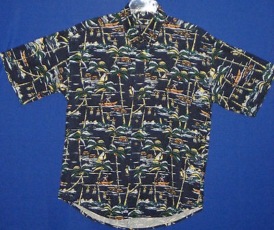   Blue Tropical Palm / Hula Girls Shortsleeve Camp Summer Shirt L