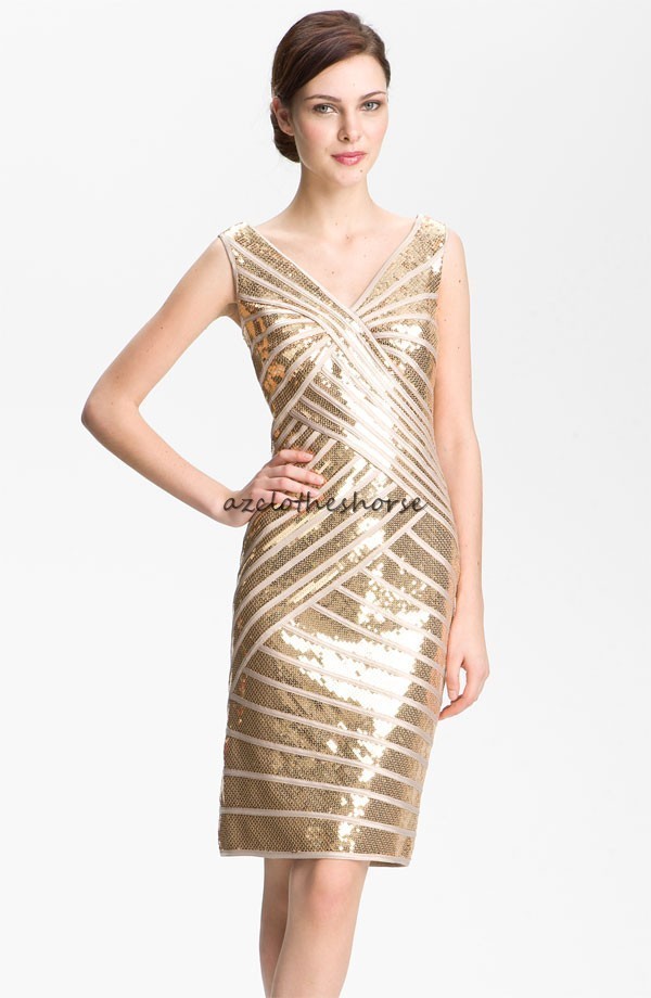 by tadashi gold sequin satin cocktail sheath dress 4 nwt