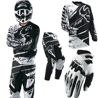 THOR S13 PHASE SPLATTER JERSEY PANT GLOVE COMBO BLACK WHITE MOTOCROSS 