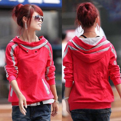 Trendy Korean Women Casual Hoodie Bright Color Hoody Long Sleeve 