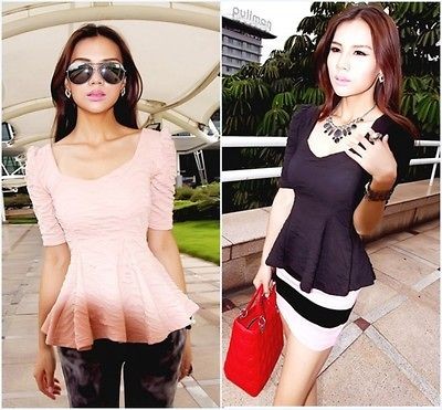 Fashion Womens Shrug Puff Shoulder Square Neck Slim Peplum Top Tee 