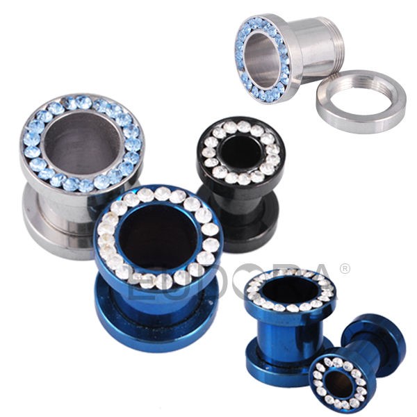   Titanium Surgical Steel CZ Rim Screw Fit Ear Plugs Tunnels Gauges