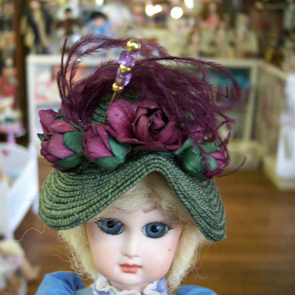 FRENCH FASHION DOLL HAT Vintage style HUNTER GREEN, BURGUNDY with 