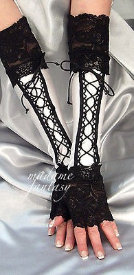 white black lace up xx long spandex fingerless gloves