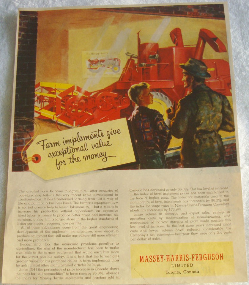   MASSEY HARRIS FERGUSON FARM IMPLEMENTS TRACTOR VALUE PRICES CANADA AD