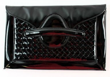 BOTTEGA VENETA Black Patent Leather Woven Flap Envelope Clutch Handbag