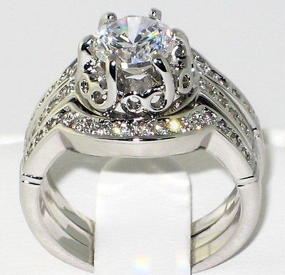 Heirloom Antique 1.85 Ct. CZ Bridal Engagement Wedding Ring 3 PC. Set 