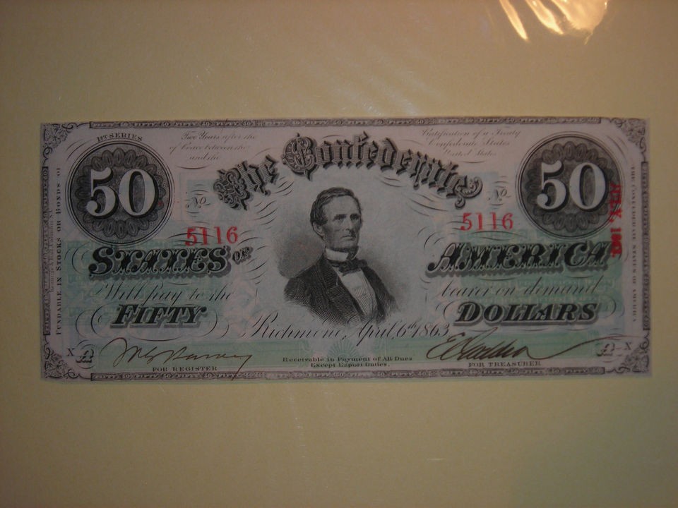 1863 FIFTY DOLLAR GEM CRISP UNCIRCULATED CONFEDERATE NOTE