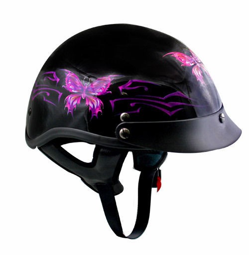   Ladies Black Purple Butterfly Open Face Half Motorcycle Helmet (XS XL
