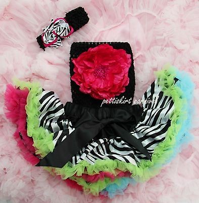 Newborn Baby Rainbow Zebra Pettiskirt Peony Top Hot Pink Bow Headband 