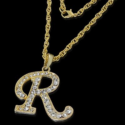 ALPHABET INITIAL LETTER R GOLD PLATED CLEAR CRYSTAL PENDANT CHARM 