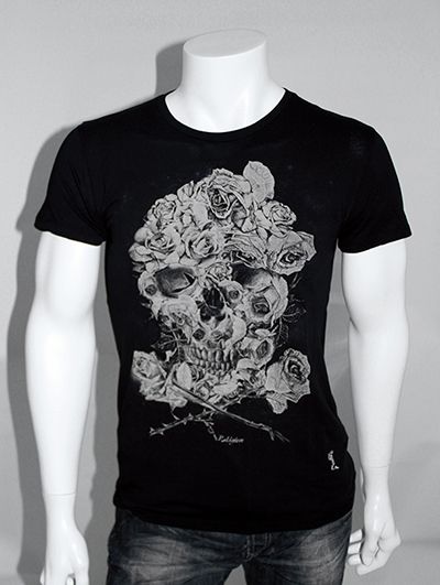 RELIGION Floral Skull Roses Print T Shirt   Black