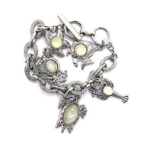 Charm bracelet metal link turtle, starfish, fish silver chunky costume 