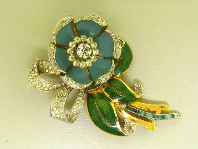 Signed Coro A Katz Mechanical Trembler Enamel Rhinestone Flower 