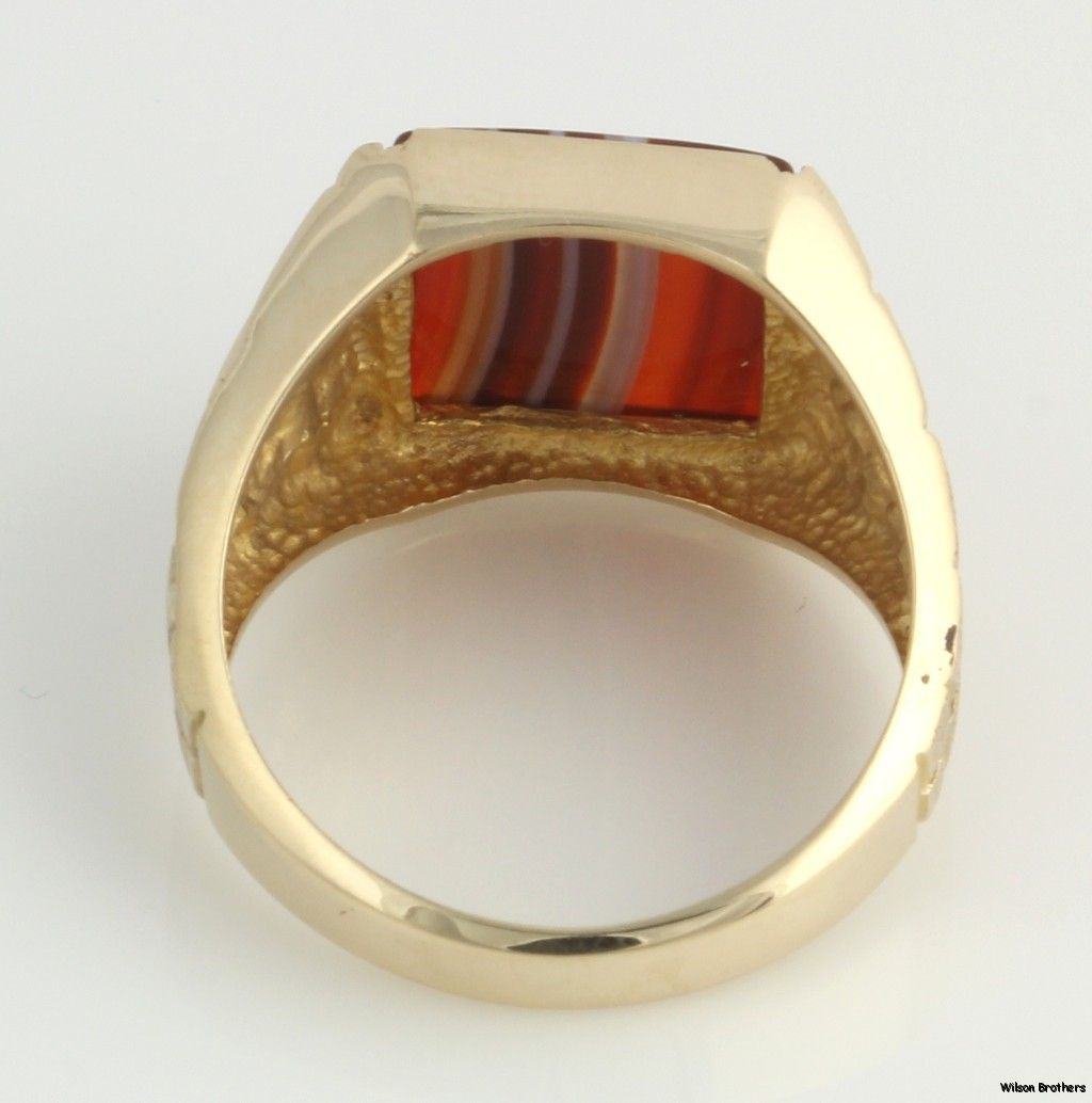 Banded Agate Mens Ring 10K Solid Yellow Gold Textured Bezel Set White 