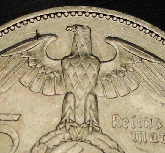   GERMANY 5 SILVER MARK COIN W NAZI SWASTIKA ADOLF HITLER REGIME ERA