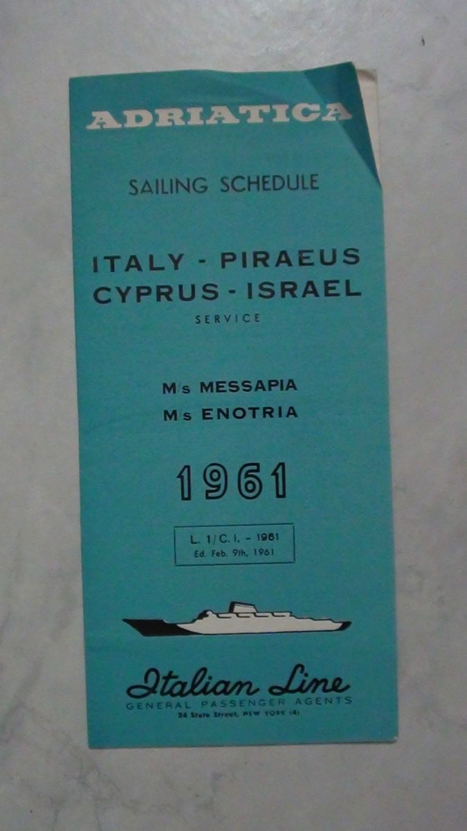 Vintage 1961 Adriatica Sailing Schedule Italy Piraeus Cyprus Israel 