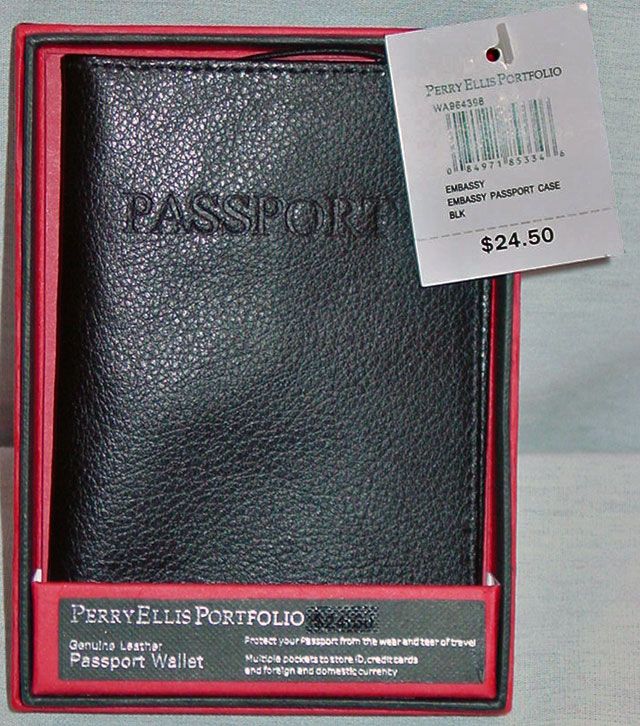 Perry Ellis Black Grain Genuine Leather Portfolio Passport Wallet 