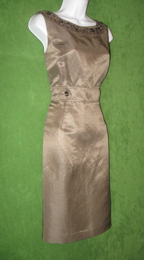 ALEX MARIE Metallic Taupe Silk Linen Beaded Sequin Neck Cocktail Dress 