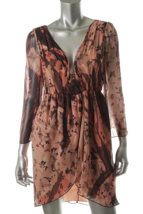 Alice Olivia New Conry Bell Pink Print V Neck Bell Sleeve Casual Dress 