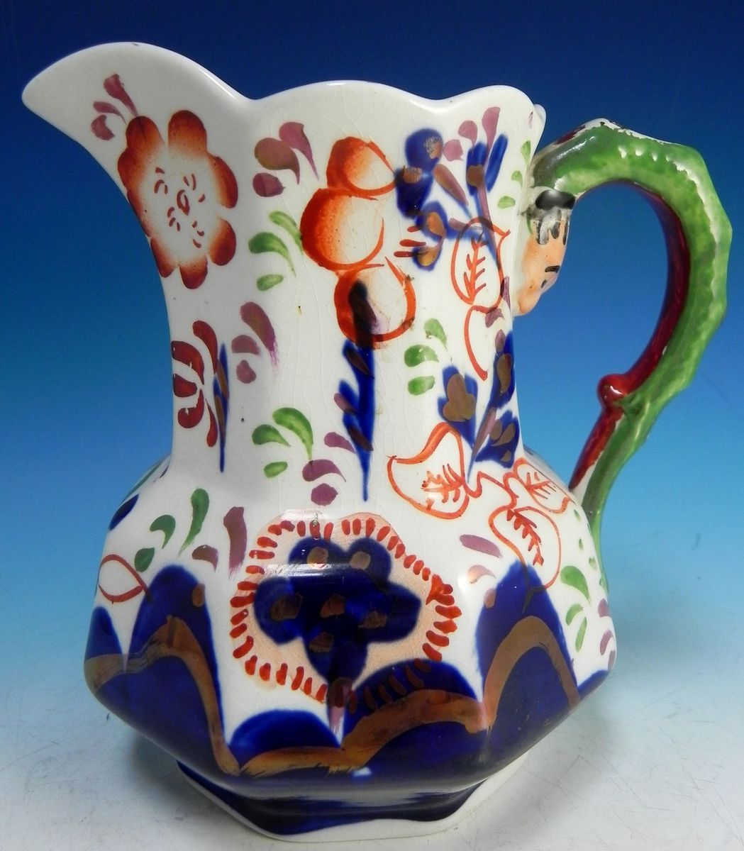 Allertons Gaudy Welsh Sunflower Snake Handled Pitcher RARE