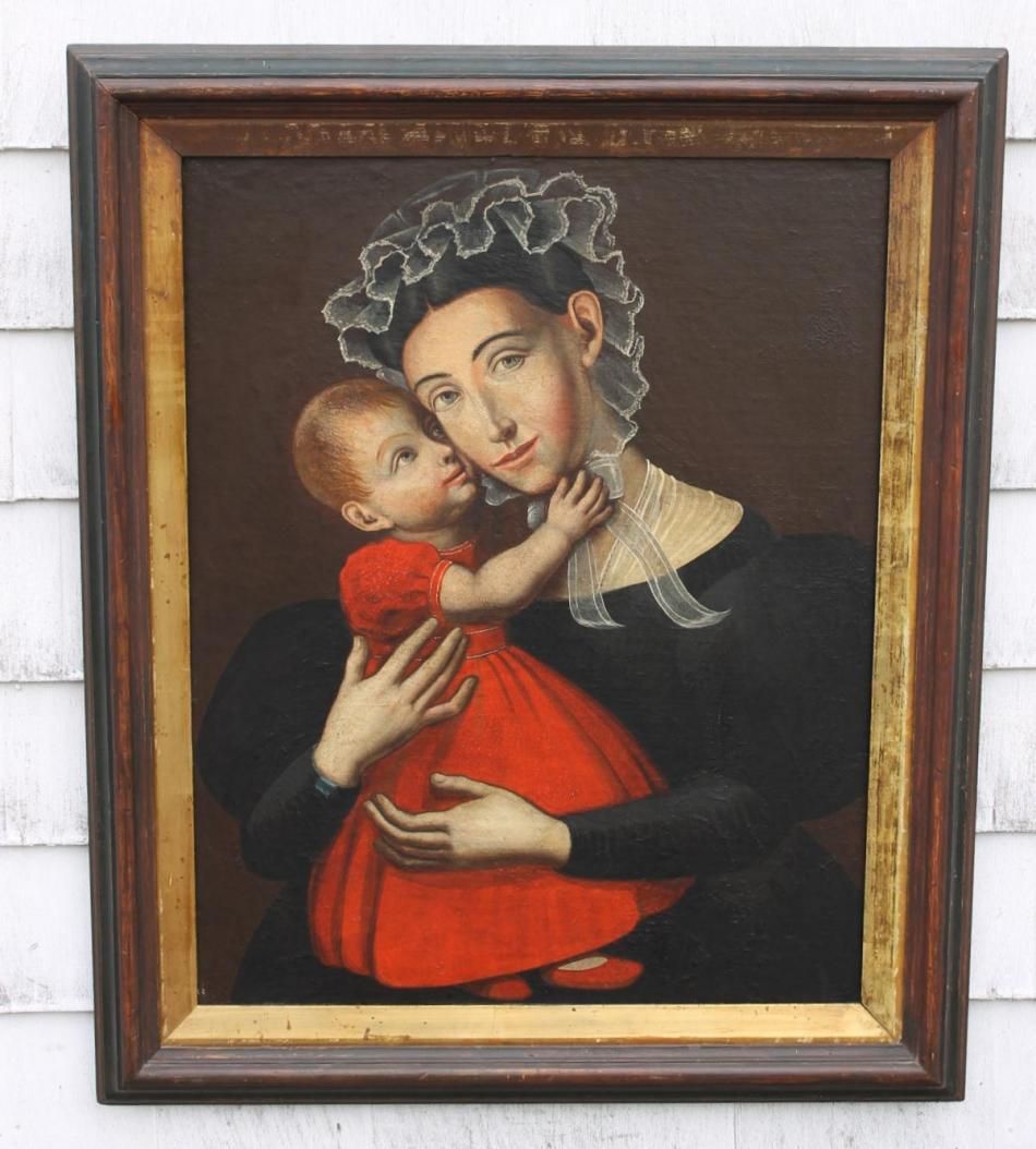 18thC Antique American Folk Art Portrait Oil Painting Mother Baby