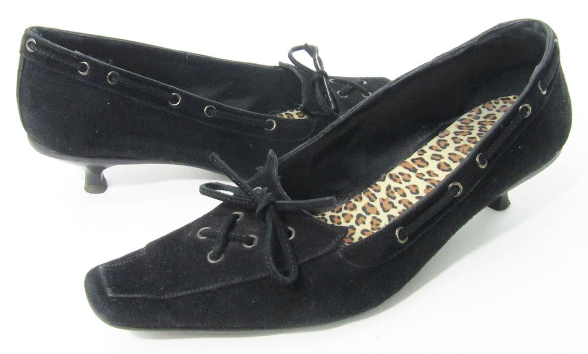 Andre Assous Black Suede Leather Heels Pumps Boat Shoe Bow Kitten 