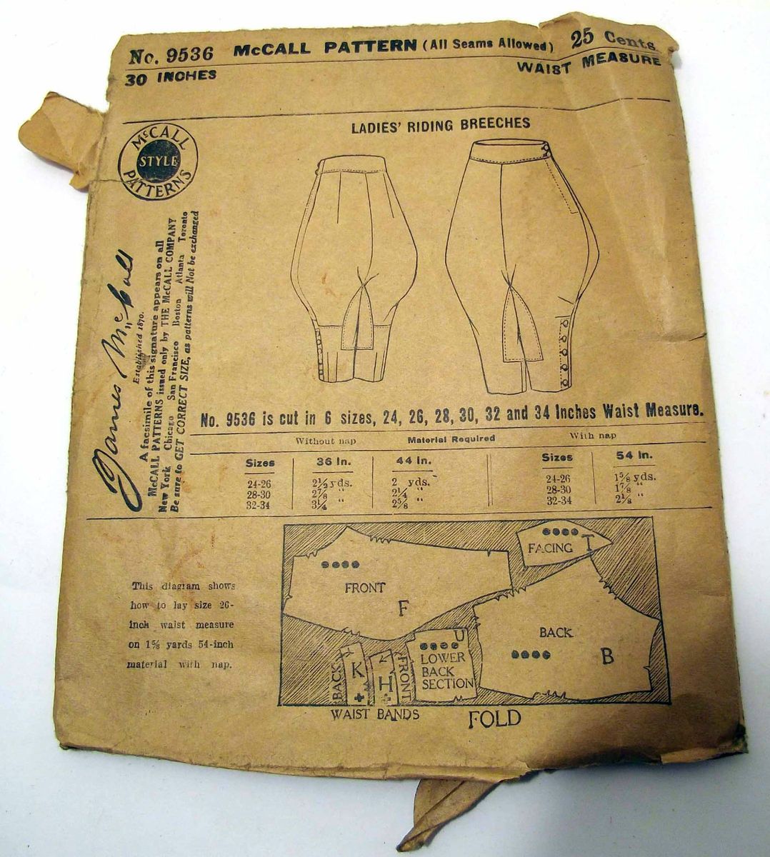 VTG ANTIQUE SEWING PATTERN McCALL LADIES RIDING BREECHES 1920S 