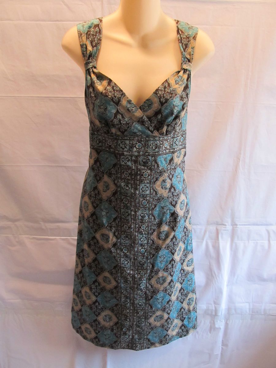 Ann Taylor Loft Blue Brown Tan Cotton Dress Size 8