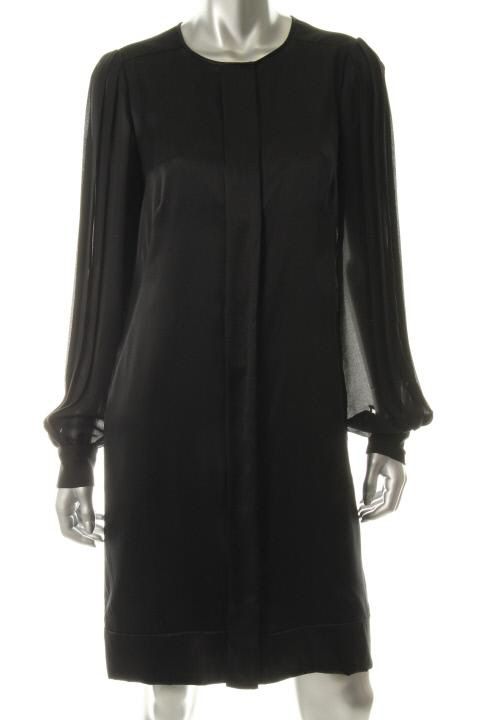 Anne Klein Silk Button Front Pleated Chiffon Long Sleeves Little Black 