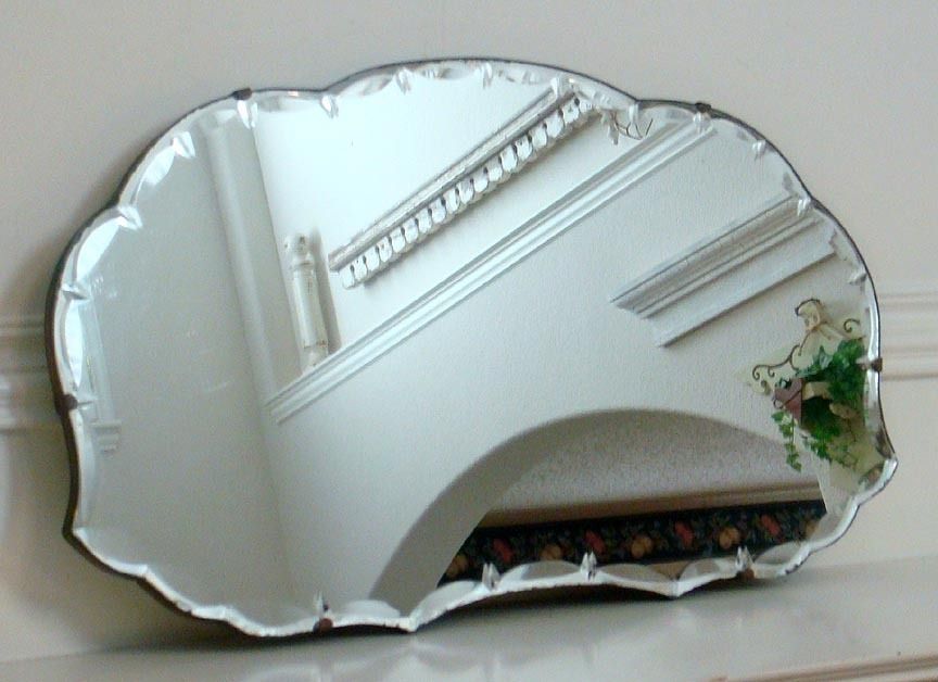 Antique Art Deco Ellipses & Diamond Point Beveled Glass Mirror