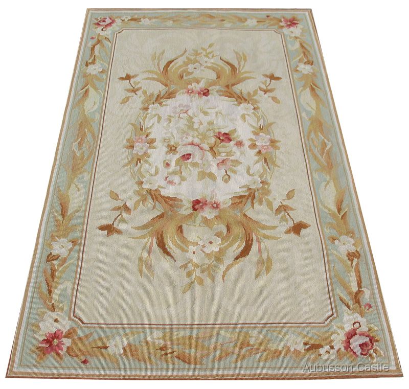 x5 Needlepoint Rug Soft Aqua Blue Shabby French Chic Style Aubusson 