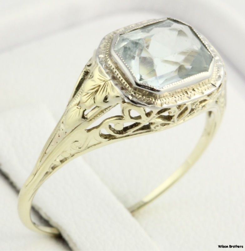 40ctw Aquamarine Solitaire Ring C 1920s 30s 14k Yellow Gold Filigree 