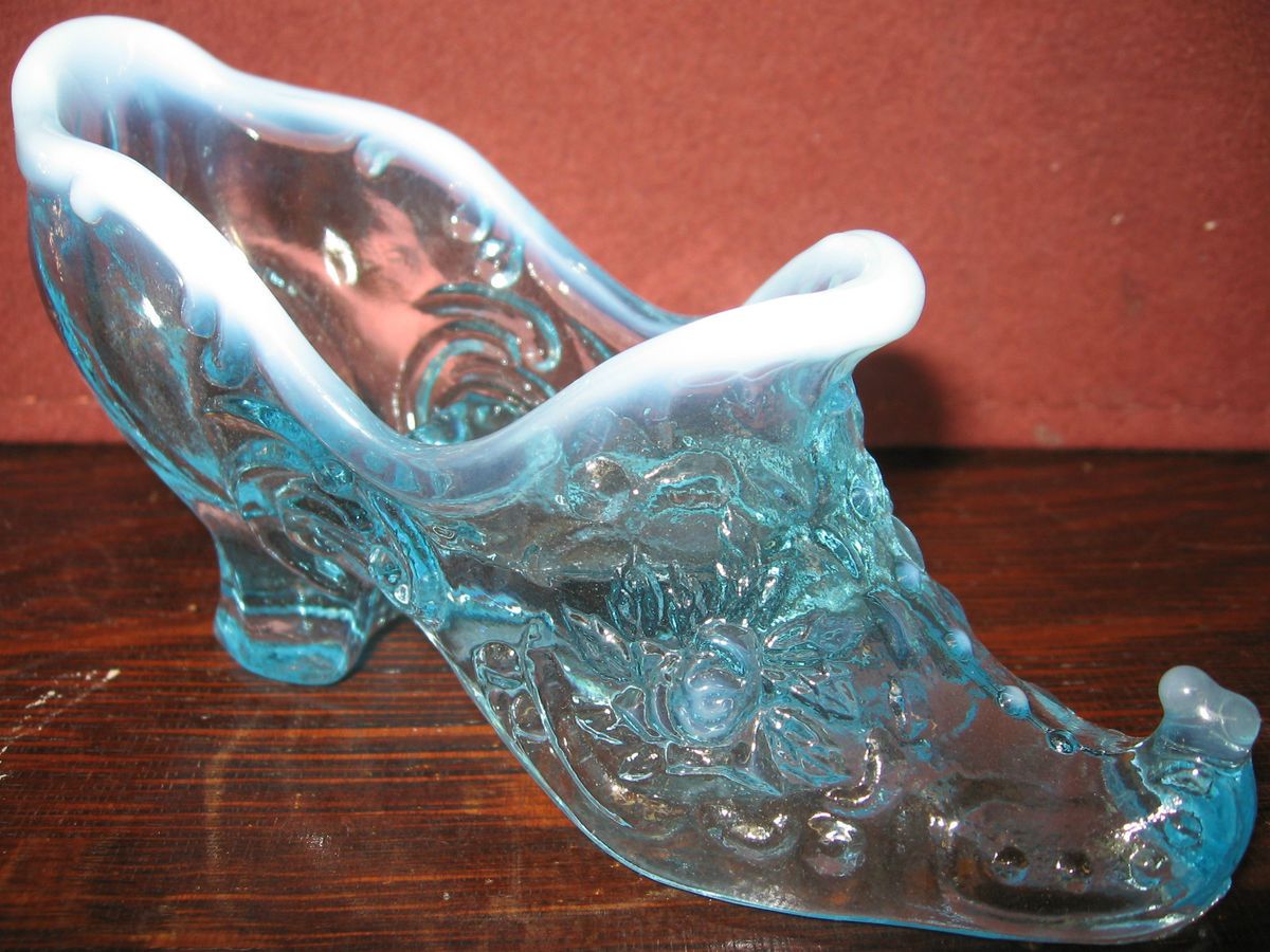 Large Aqua Blue opalescent glass rose leaf Shoe Slipper Boot flowers 