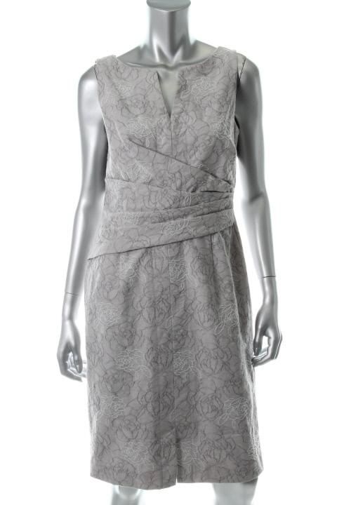 Anne Klein New St Tropez Gray Floral Split Neck Wear to Work Dress 10 