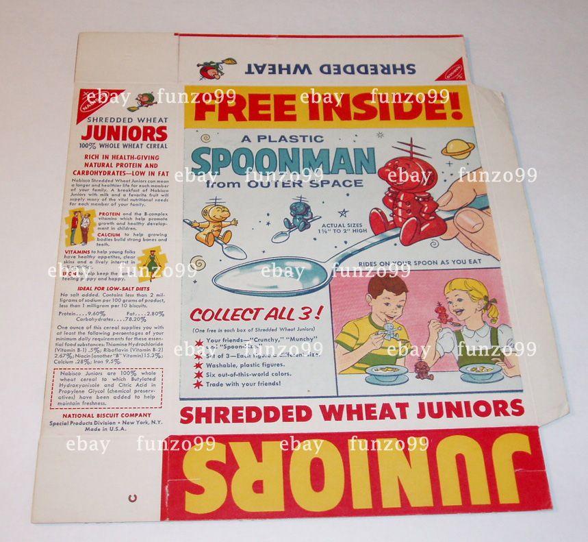 1950s Nabisco Juniors Spoonman OFFER Cereal Box Spoonmen Crunchy 