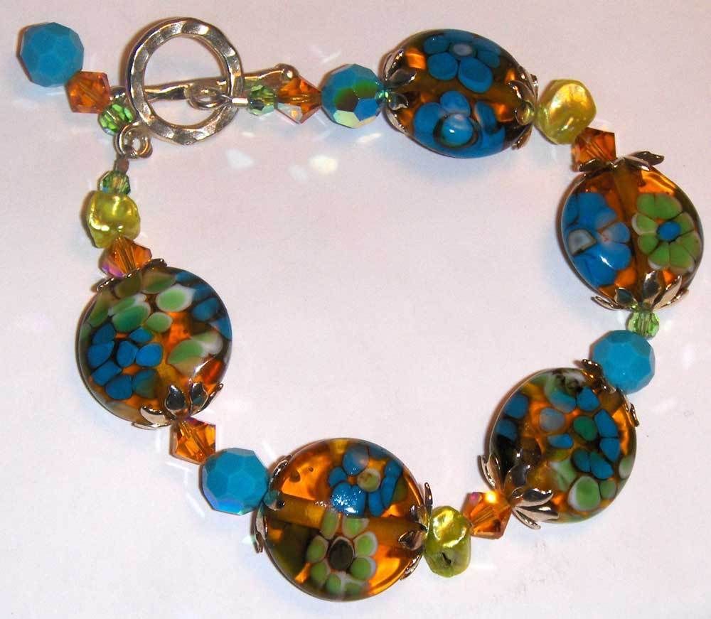 Amber Flowers Lampwork Sterling Artisan Bracelet DG