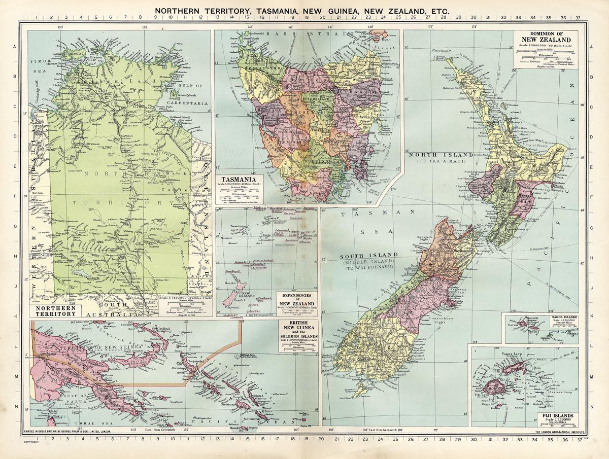 Large 1940 Atlas Map of Tasmania NT New Guinea NZ Fiji