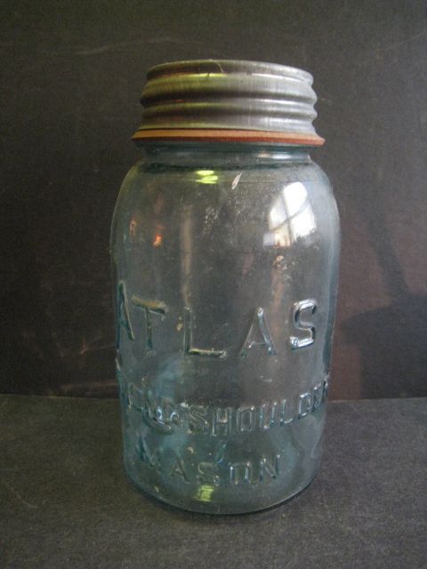 Old Atlas Strong Shoulder Mason Blue Glass Canning Jar