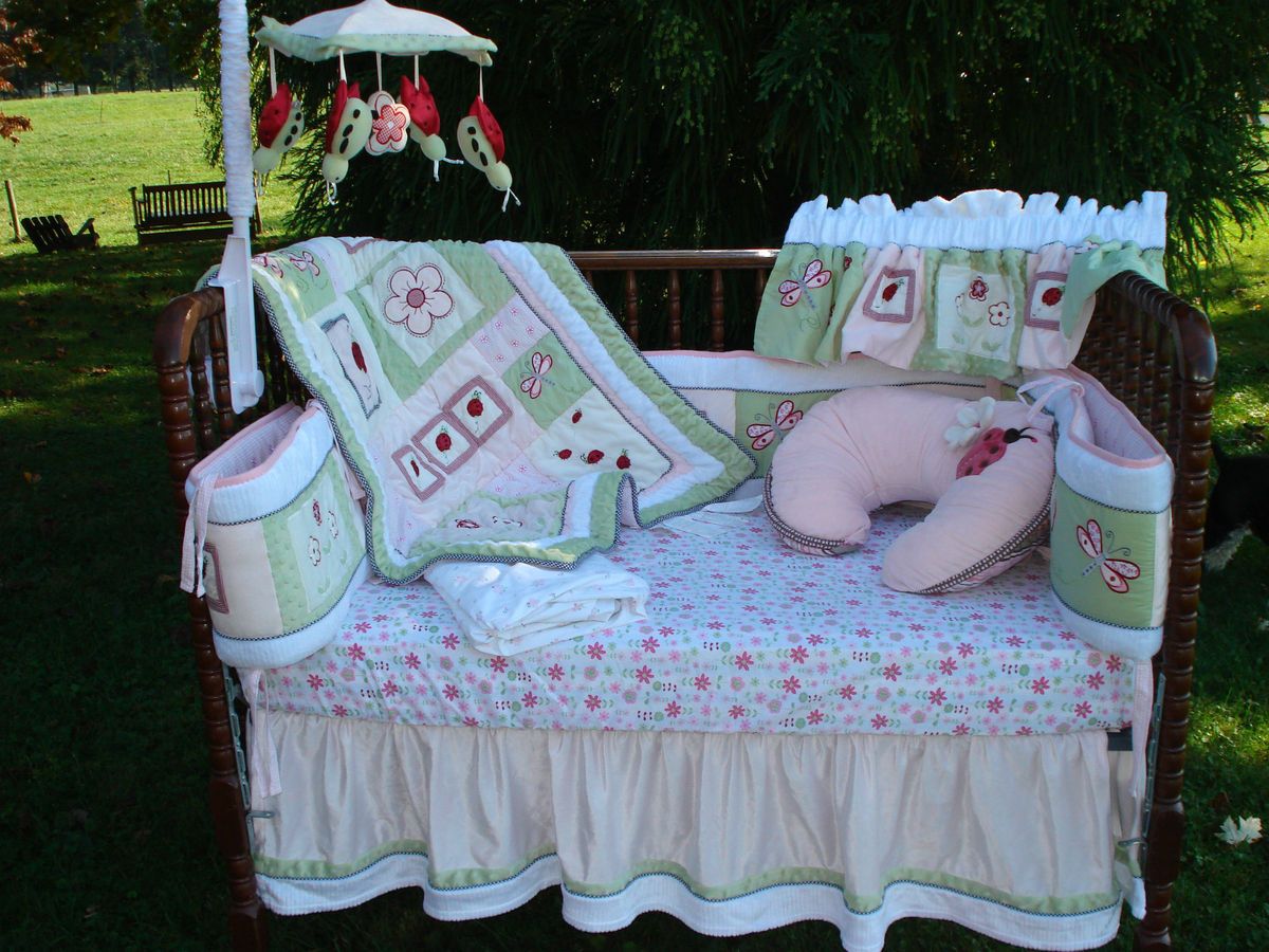 KIDSLINE BABY GIRL LADY BUG GARDEN CRIB BEDDING 9 pc set MOBILE 