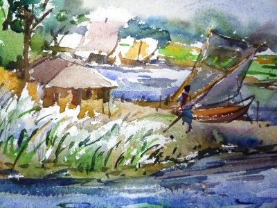 Bangladeshi Village Watercolor Painting by Celebrated Artist Samiron 