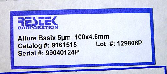 Restek 9161515 Allure Basix 5um HPLC Column 100x4 6mm Lot 129806P 