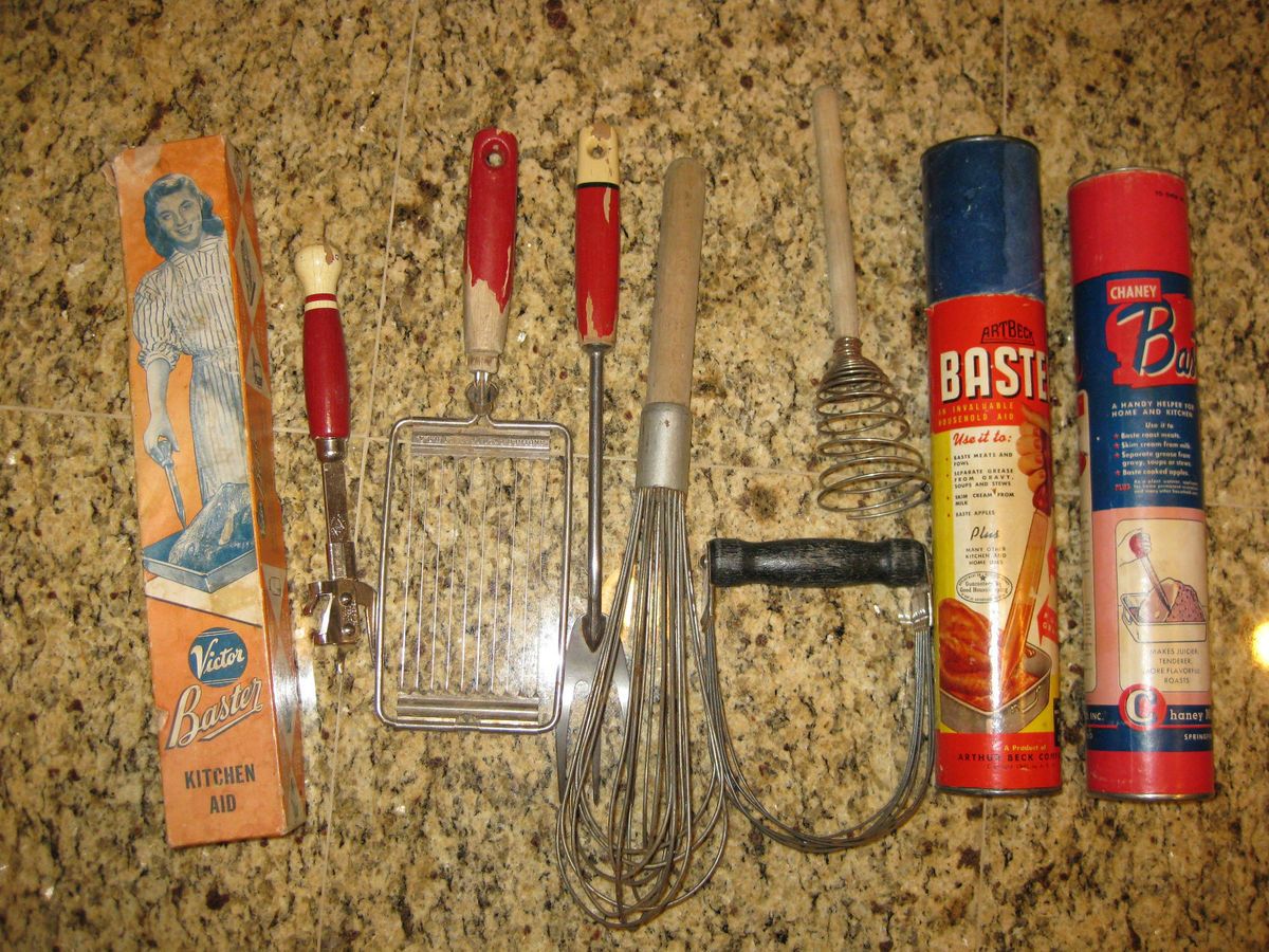   Vintage Kitchen Utensils and 3 Vintage Glass Turkey Basters